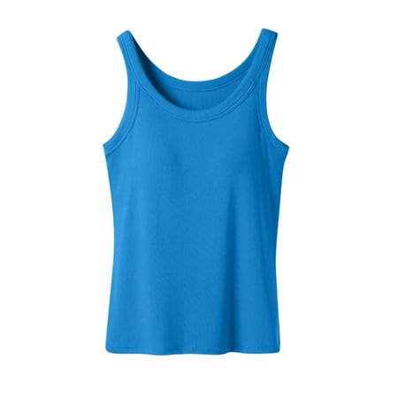 Ribbed Cotton Tank Top with Built in Bra for Women Shelf Bra Camisole Tops Workout Tops Cami Bra Padded Tank Top Sports Bras Blue M