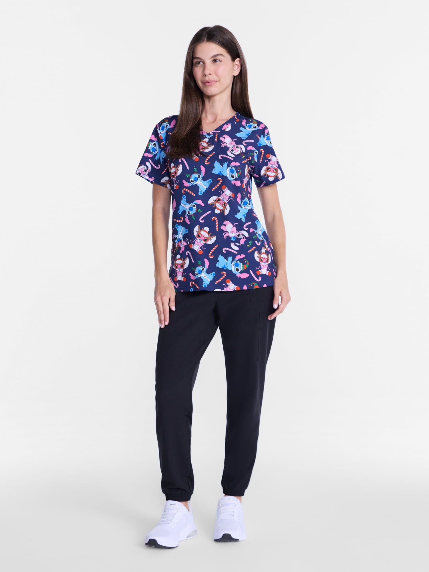 Lilo and Stitch Women's Holiday Scrub Top with Short Sleeves, Sizes S-XXXL