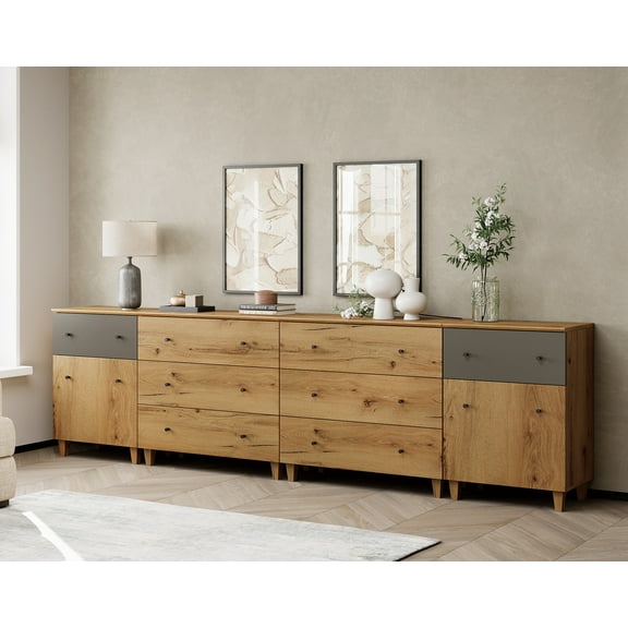WAMPAT Wood Dresser with 8 Drawers and 2 Cabinets for Bedroom, Modern Chest of Drawer, 118" Wide, Oak Brown Wood Finish