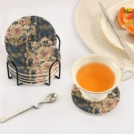 

YAZAOO 6Pcs Drink Coasters With Holder 3.94Inch Floral Ornate Creative Coil Coaster Coasters Colors Absorbent Coasters for Drinks Coasters Set Thicken Heat for Home Table