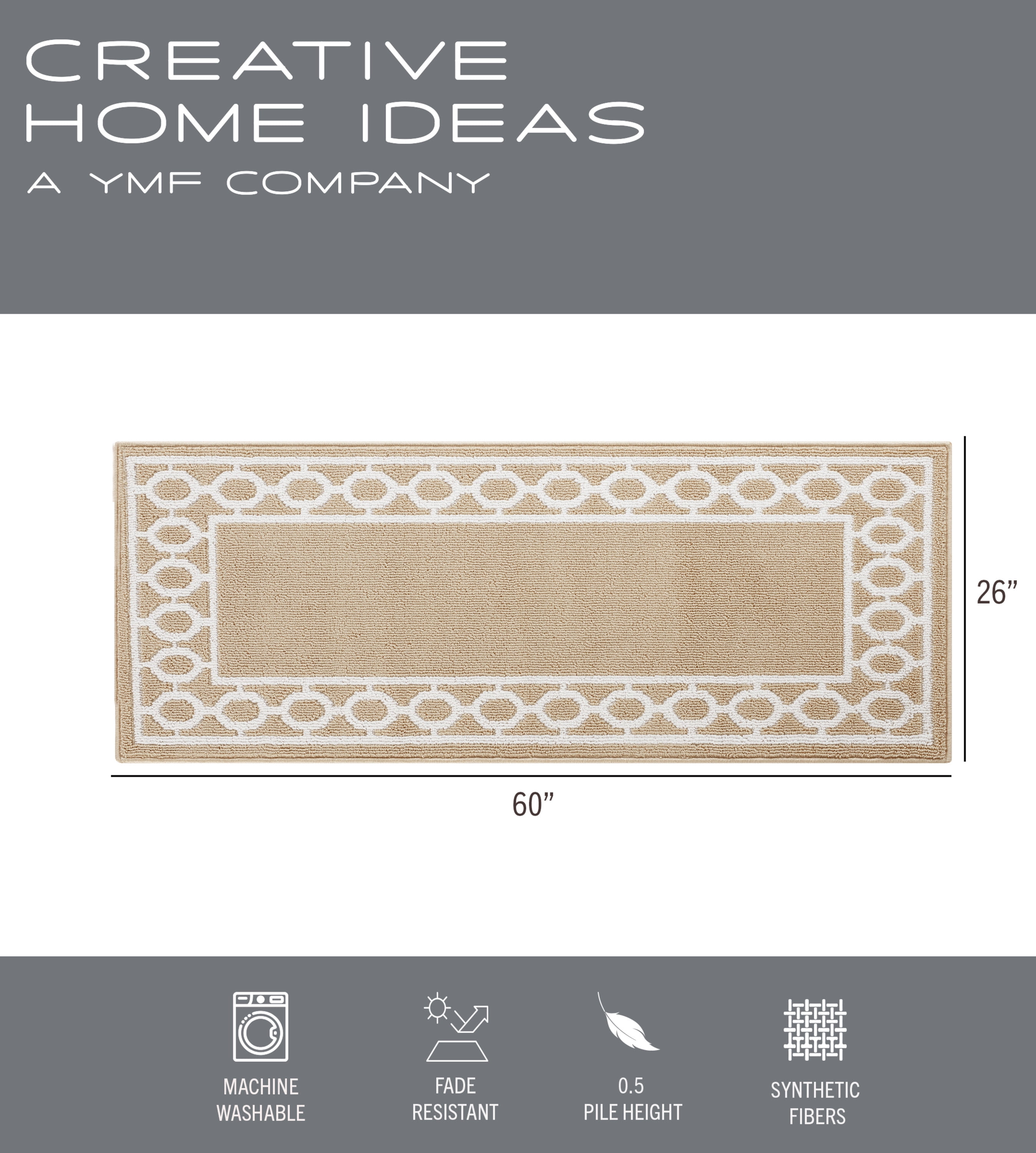 Washable Skid-Resistant Runner Rug, Trellis Border, Beige and White, 26" x 60"