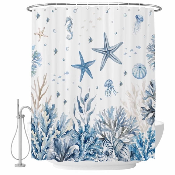 Blue Coastal Shower Curtain Set - Extra Long 72" x 96" Washable Bathtub Curtain with 12 Hooks, Summer Watercolor Starfish Corals Jellyfish Waterproof Fabric Stall Shower Curtains for Bathroom Décor