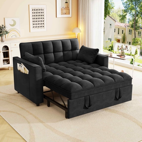 FFH 54" Convertible Sleeper Sofa, Futon Loveseat Couch with Pull Out Bed, Storage Pockets, Adjustable Backrest, Black