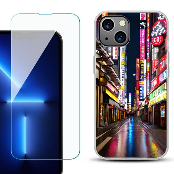 Slim-Fit TPU Phone Case for iPhone 14 Plus, with Tempered Glass Screen Protector, by OneToughShield ® - Neon Street