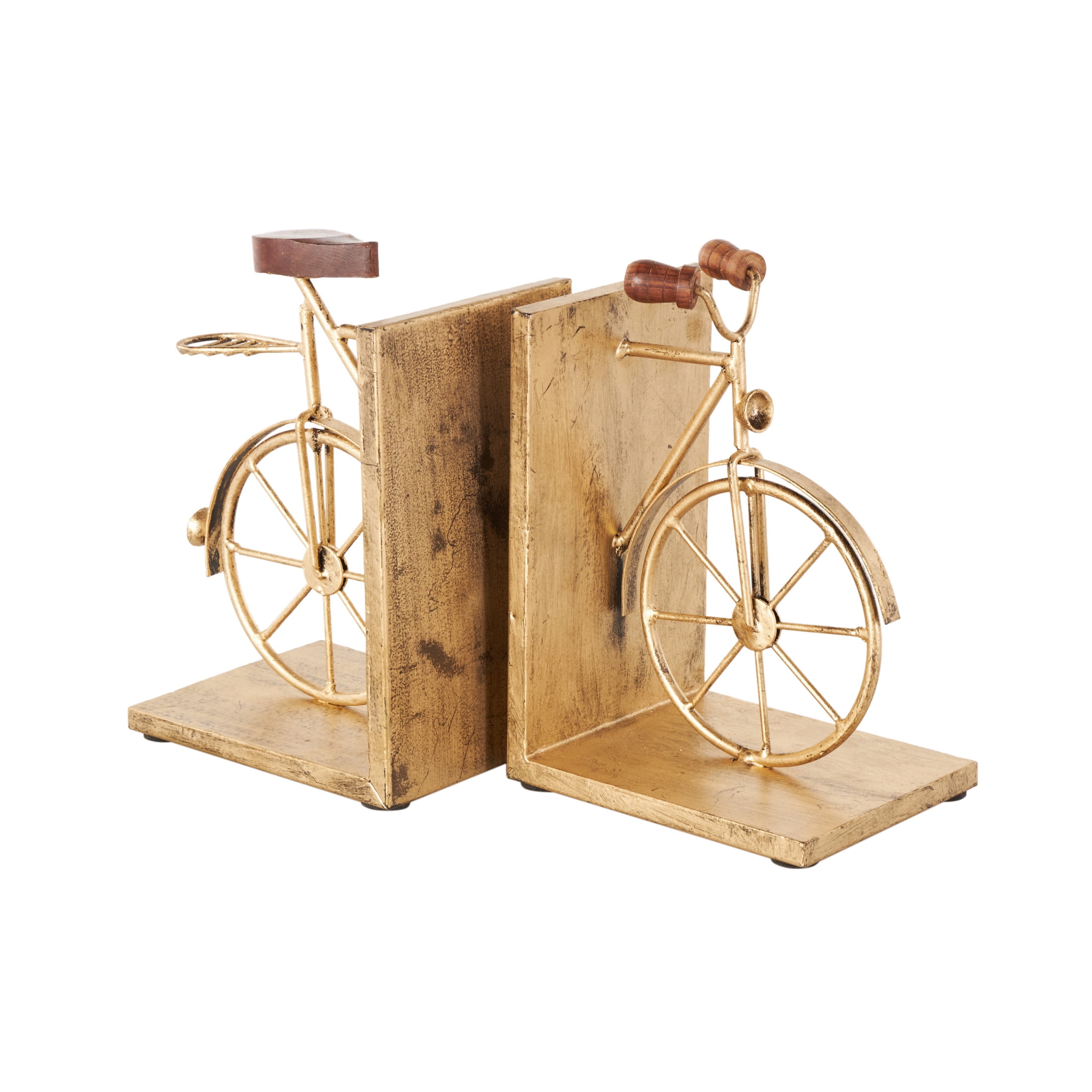 DecMode 6" Bike Gold Metal Bookends with Wood Accents (Set of 2)
