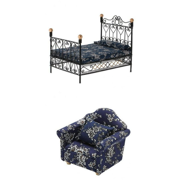 Cama de Hierro Clásica Hugo con sillón Sofá individual y cojín 1:12