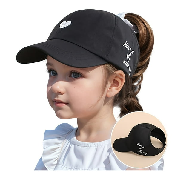 Krdevn Girls' Ponytail Baseball Cap, Adjustable Breathable Sun Hat with Heart Embroidery, Lightweight Outdoor Sports Cap for Summer,One Size