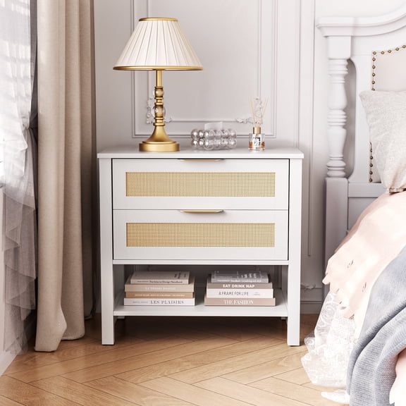 Zinkitool Rattan Nightstand with 2 Drawers and Storage Shelf Boho Bedside Narrow Side Table for Bedroom