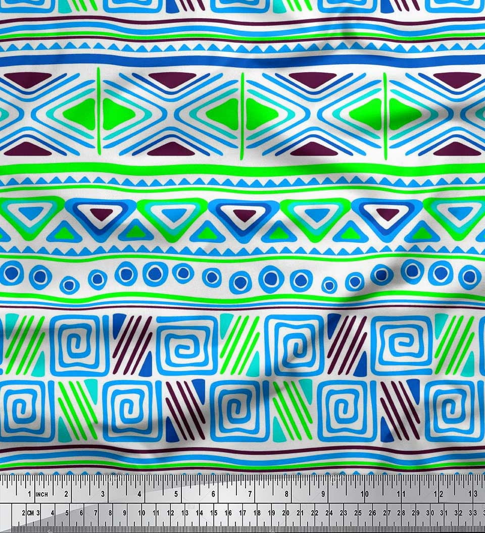 Soimoi Polyester Crepe Fabric Triangle & Greek Key Geometric Print ...