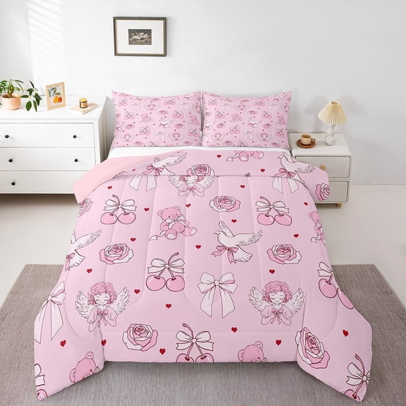 Erosebridal Bowknot Cherry Bedding Twin Comforter Set,Bear Flower Down Comforter,Love Heart Bedding Sets Twin with Comforter,Ultra Soft Cartoon Bedroom Decorative,Reversible,3pcs