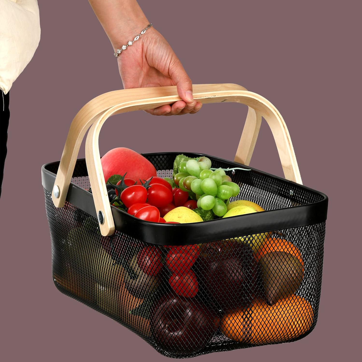 Black Mesh Storage Basket with Wooden Handle,Multi-Functional Picking Baskets,Garden Harvest Basket,Kitchen Metal Mesh Gathering Basket, for Vegetables Fruit Egg