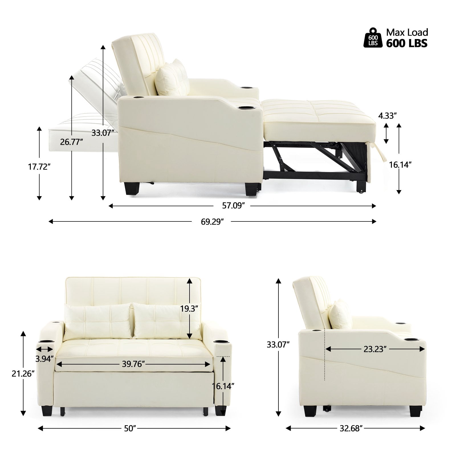 Ktaxon Faux Leather Loveseat Sofa Bed with Side Pockets, Adjustable Backrest Lounge for Living Room, Game Room Beige