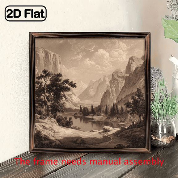 8x8 Inch Rustic Wooden Framed Wall Art - Country Landscape Painting with Mountain Stream Trees, Frame for Bathroom Decor, Home Decor, Office Decoration, Bedroom, Living Room, Kitchen, Wall Pi