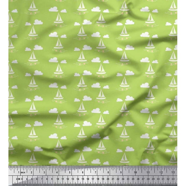 Soimoi Poly Georgette Fabric Cloud,Fish & Yacht Nautical Print Fabric by The Yard 42 Inch Wide