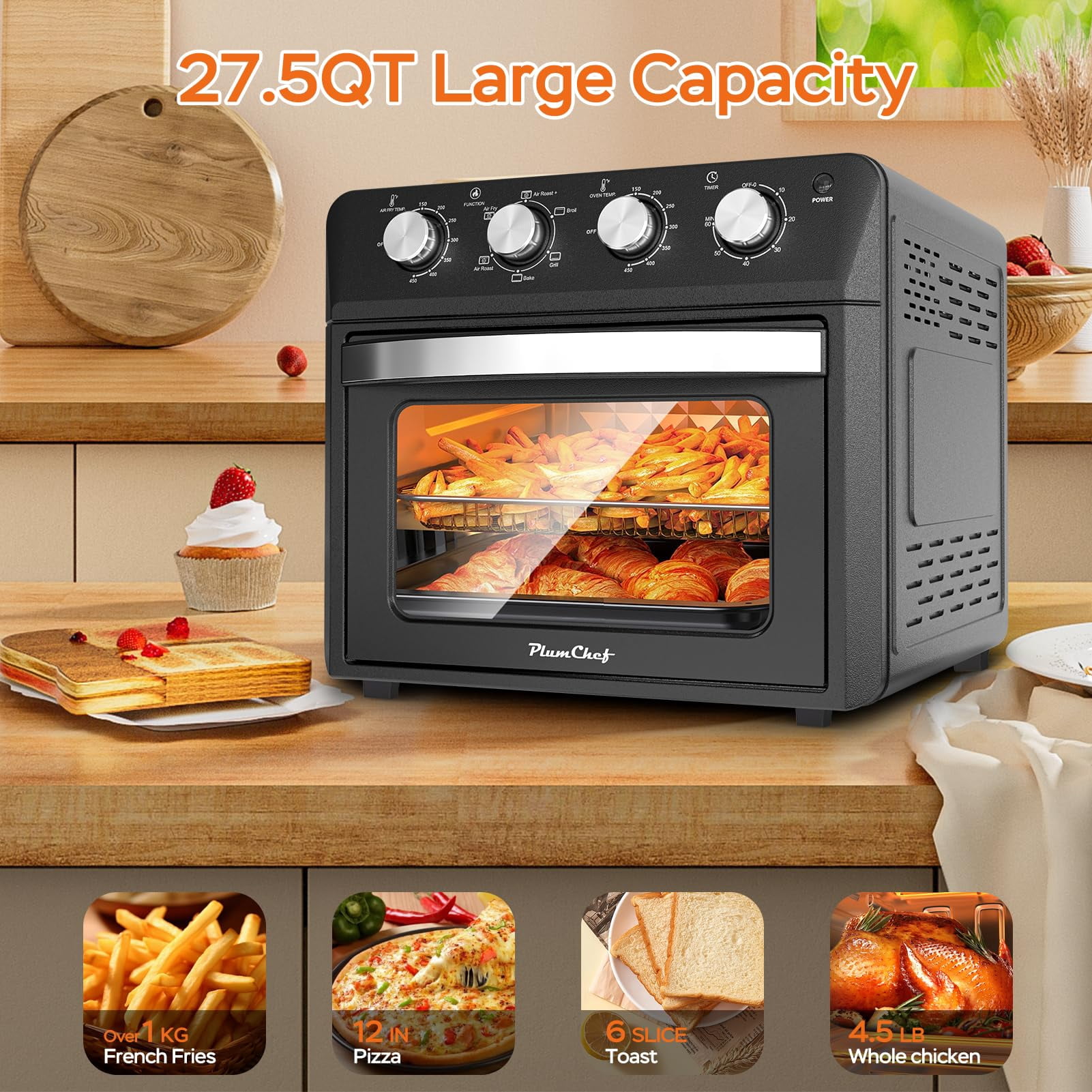 Plum chef 27.5QT 6-in-1 Air Fryer Toaster Oven Extra Large Dropdown-Door 6-Slice Convection Oven for Air Frying, Baking, Roasting, Broiling & Grilling, Stainless Steel Housing, Black