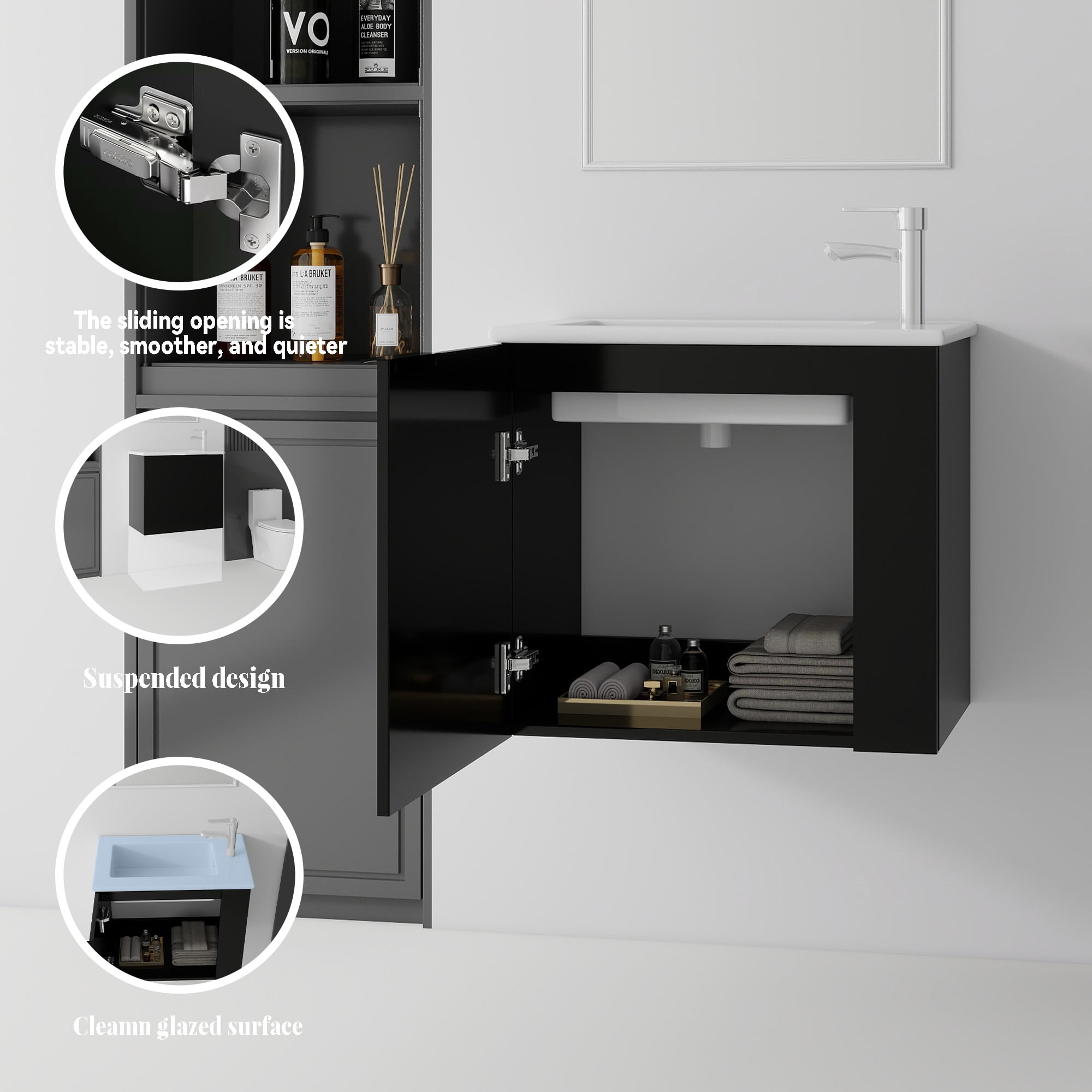 Leumius 22" Floating Bathroom Vanity with Ceramic Sink & Soft-Close Doors,Wall-Mounted Vanity for Small Space,Bathroom,Black