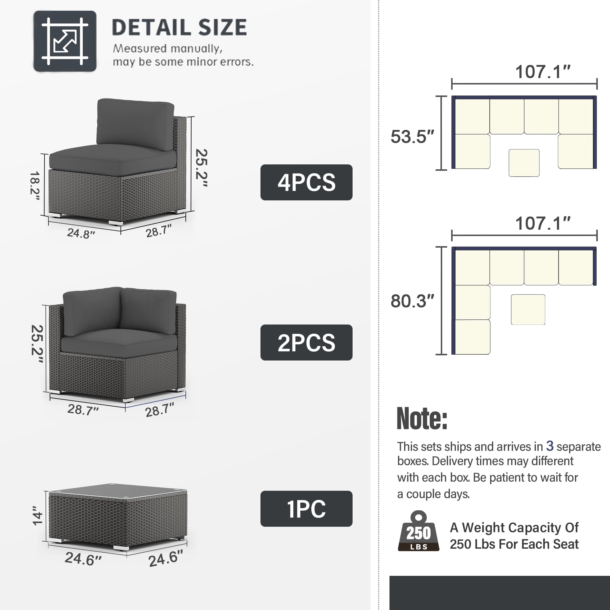 SUNCROWN 7-Piece Outdoor Patio Furniture Sofa Set All-Weather Black Wicker Sectional Conversation Set with Modern Glass Coffee Table and Cushions, Backyard, Garden, Deck, Dark Grey