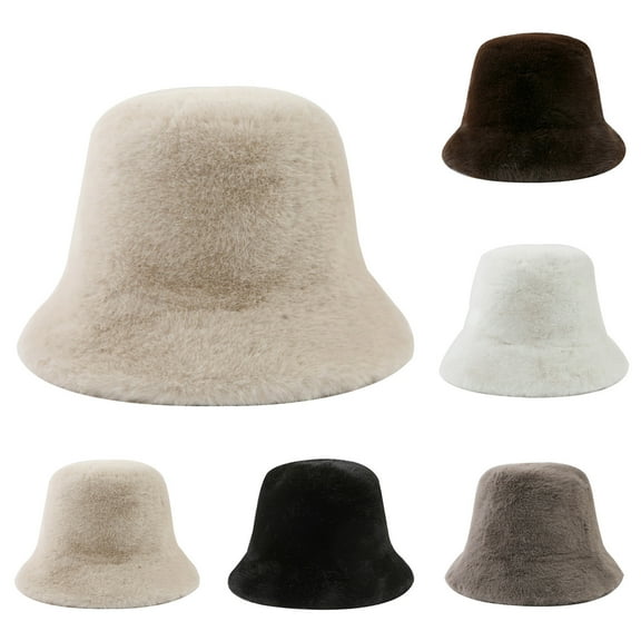 Winter Bucket Hats Fuzzy Bucket Hats Plush Bucket Cap Solid Keep Warm Fashion Plush Flat Top Hat for Unisex