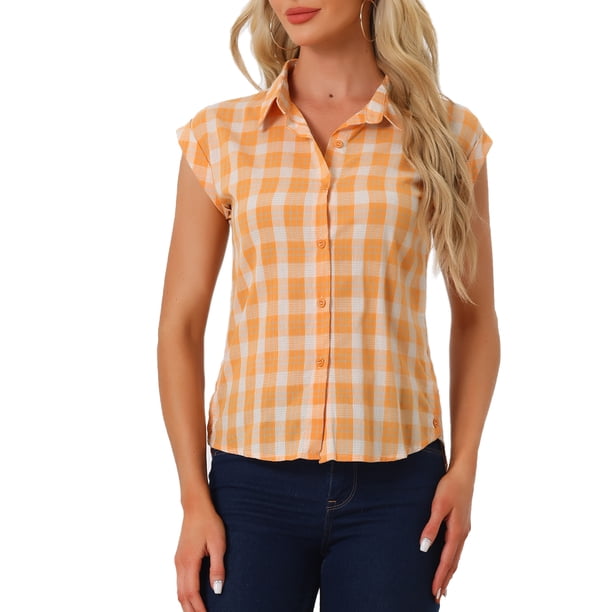 Camisa de botones de cuadros con cuello de punta y mangas cortas para mujer INSPIRE CHIC XL Naranja