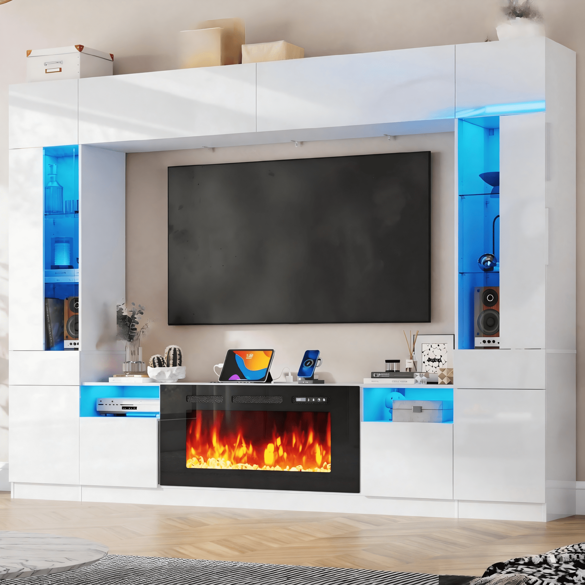ANPOO 107" Large Wall Unit Entertainment Center with 40" Electric Fireplace, Bookshelves, LED Lights, Modern High Glossy TV Stand Media Console Table with Bridge Cabinet for Living Room & Home Theate