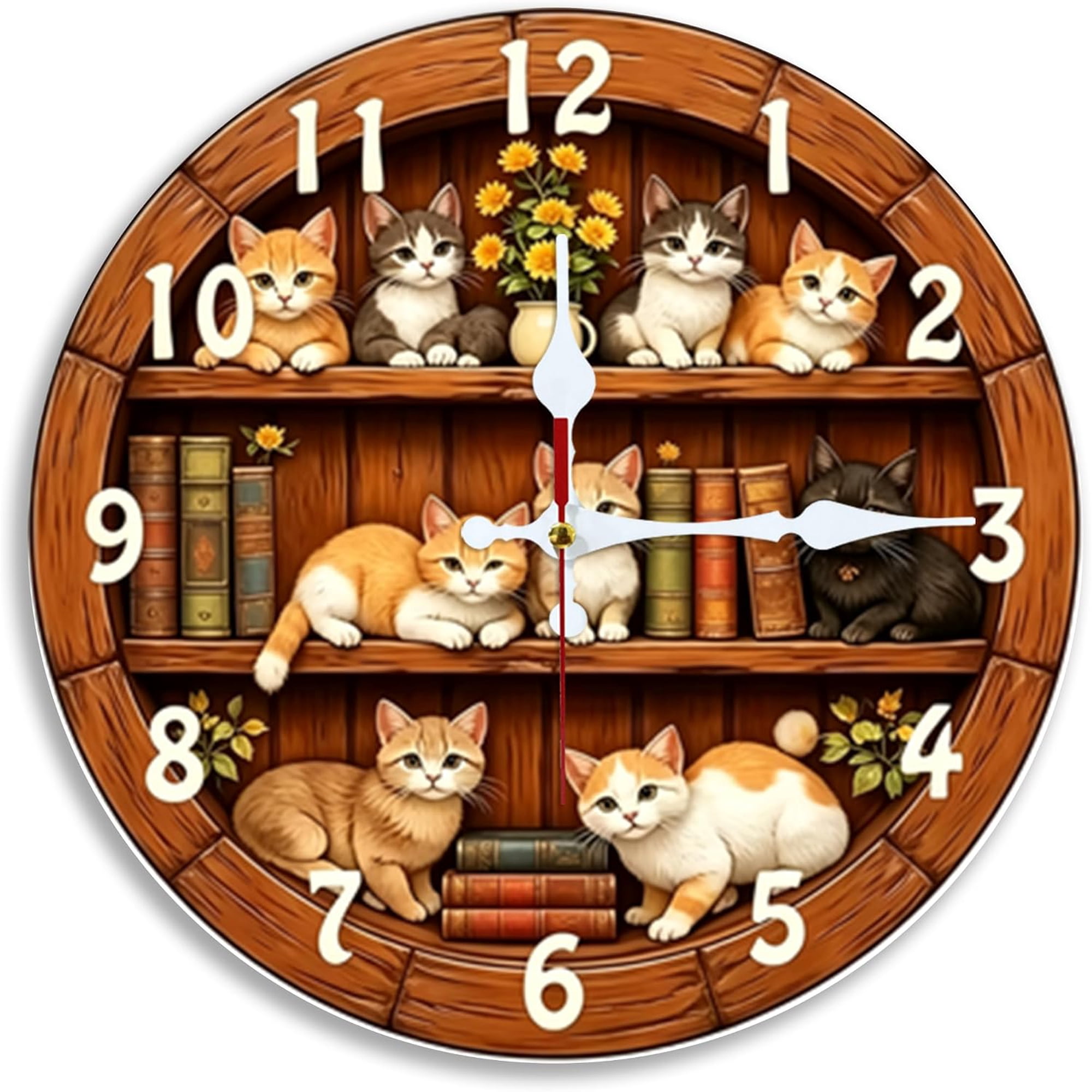 Bookshelf Kitten 2D Wall Clock Art Print, Silent Non-Ticking, 10 &12x12 inch, Warm Literary Decor, Battery Not Included