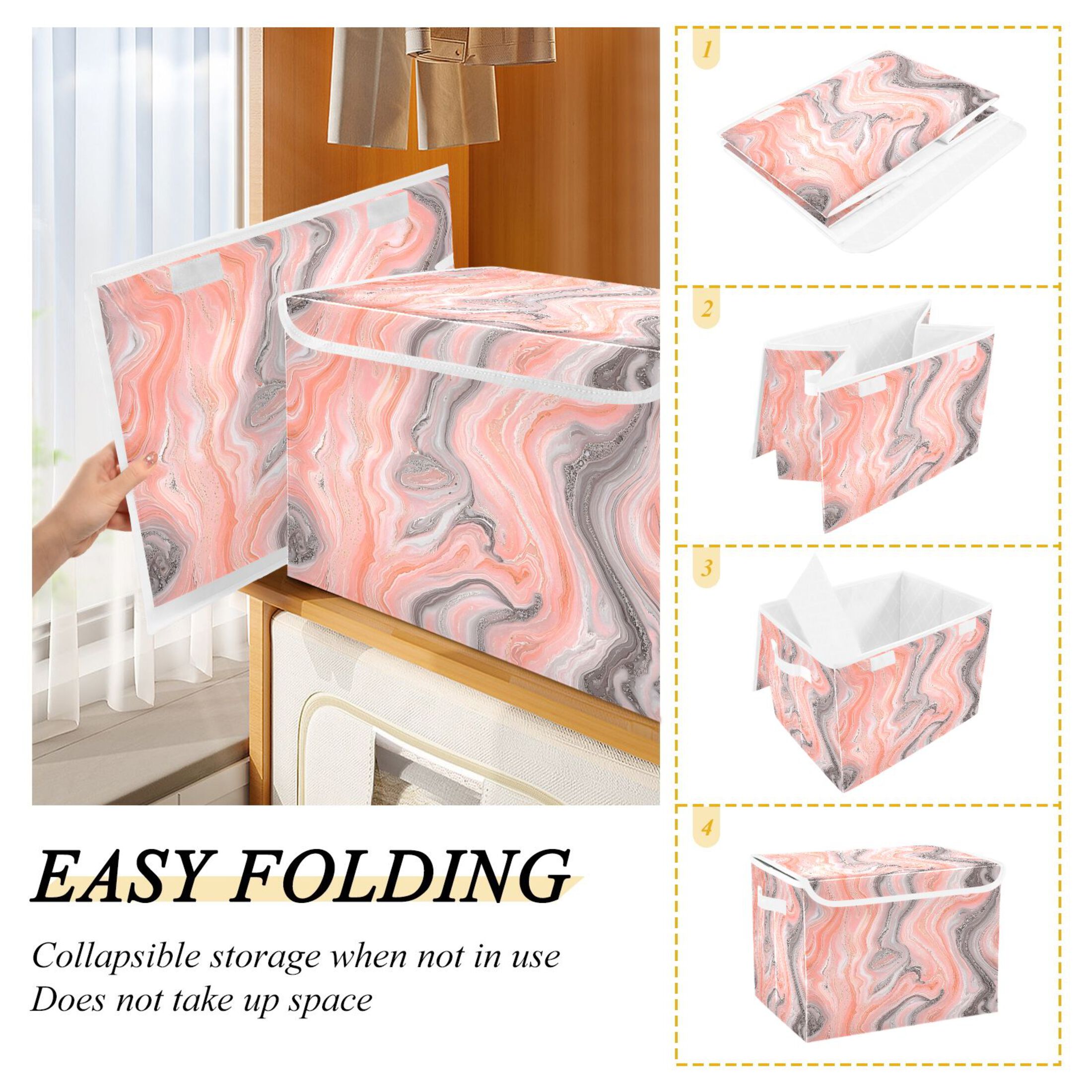 Ryvnso Marble Pink Large Lidded Foldable Storage Baskets Cubes Boxes Lids Bin for Home