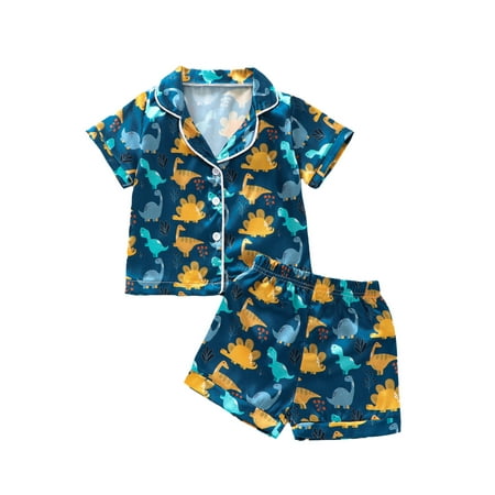 

Springcmy Kids Boys Girls Summer Pajamas Outfit Sets Ice Cream/Dinosaur Print Short Sleeve Lapel Button Shirt + Shorts Pajamas Set Blue 2-3 Years