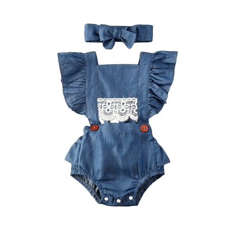 

EYIIYE Baby Girl Short Sleeve Romper Ruffled Denim Jumpsuit + Headband