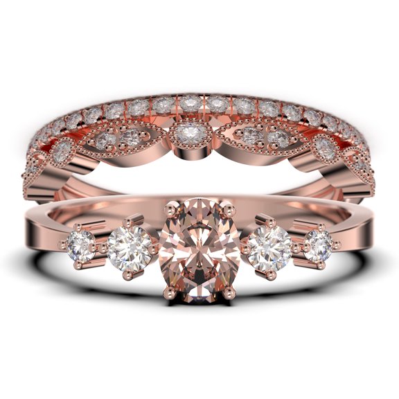 Minimalist Classic 1.65 Carat Oval Cut Morganite And Diamond Moissanite Engagement Ring, Wedding Ring in 925 Sterling Silver With 18k Rose Gold Plating, Gift, Promise Ring, Trio Rings Set