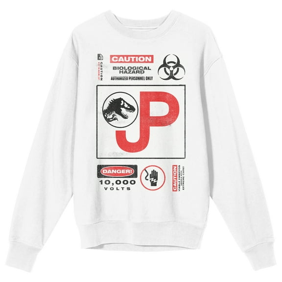 Jurassic Park Caution Biological Hazard Crew Neck Long Sleeve White Adult Sweatshirt
