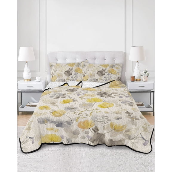 Twin Quilt Bedding Set Pastoral Yellow Grey Flowers Summer Quilt Lightweight Quilted Coverlet with 2 Pillow Shams, Floral Branch on Rustic Linen 3-Piece Bedspread Quilt Set for All Season