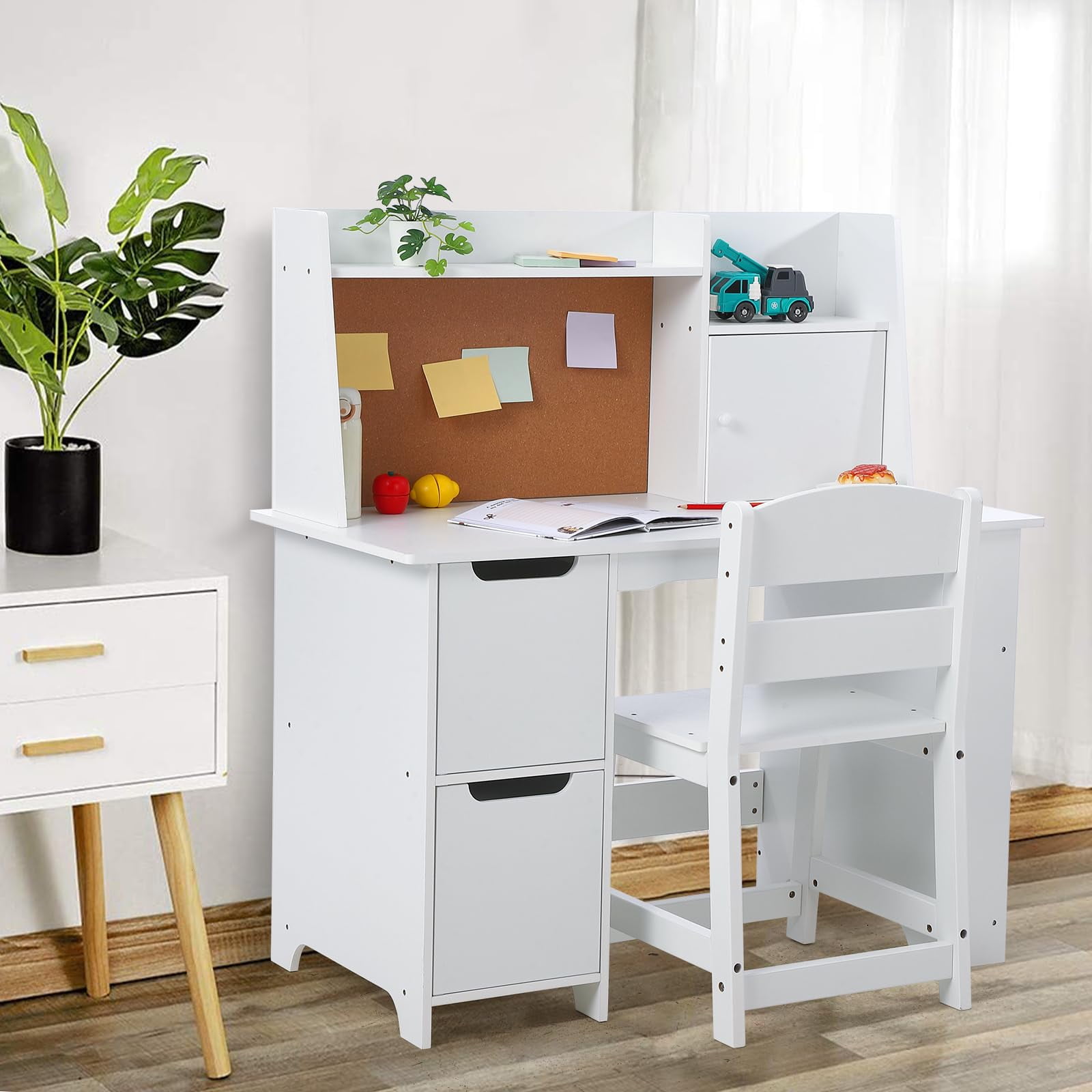 TROPOW Kids Study Desk and Chair Set with Storage - White Learning Table with Bookshelf and Cabinets for Boys and Girls Ages 3-8