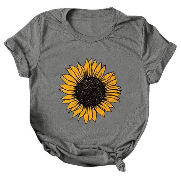 Gibobby Playera de Manga Corta con Cuello Redondo Blusa manga corta con cuello redondo y estampado girasol talla grande para mujer(Gris,M)