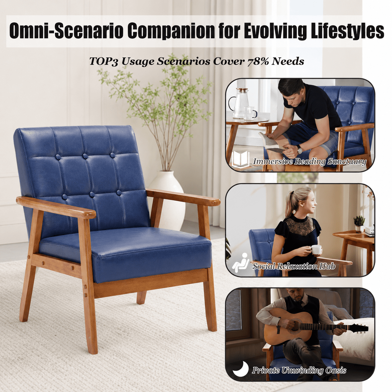 MOONMISS Accent Chair Set of 2,Mid Century Modern PU Armchair with Wood Frame for Living Room Bedroom Study Room Easy Assembly,Navy