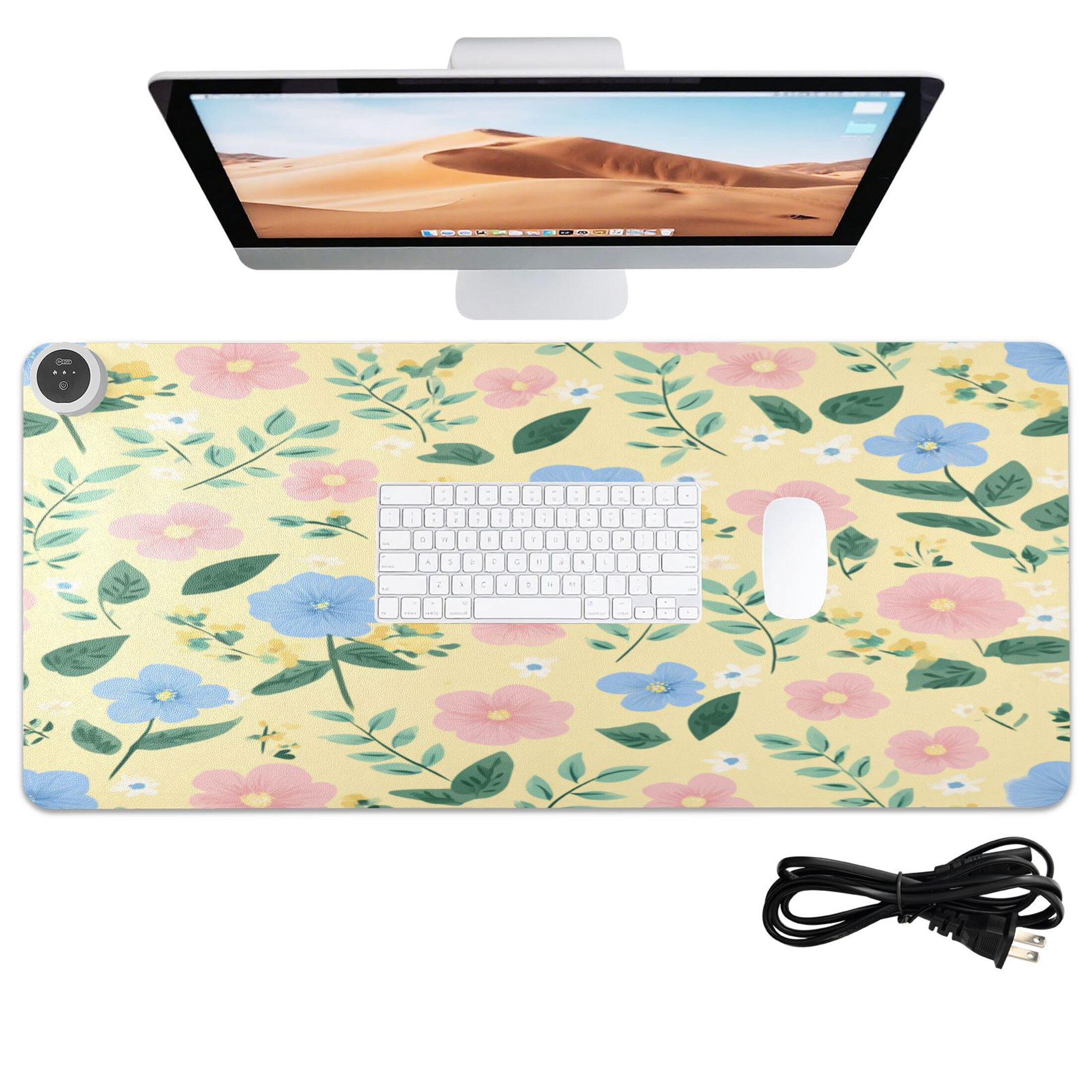 Large Heated Desk Mat Mouse Pad 31.5"x13"PU Leather Graphene Heating Desk Warmer with 3 Temperature Settings 110V US Plug Non-Slip Warm Pad for Home, Office, and Gaming Sweet Buttercup Floral Bloom