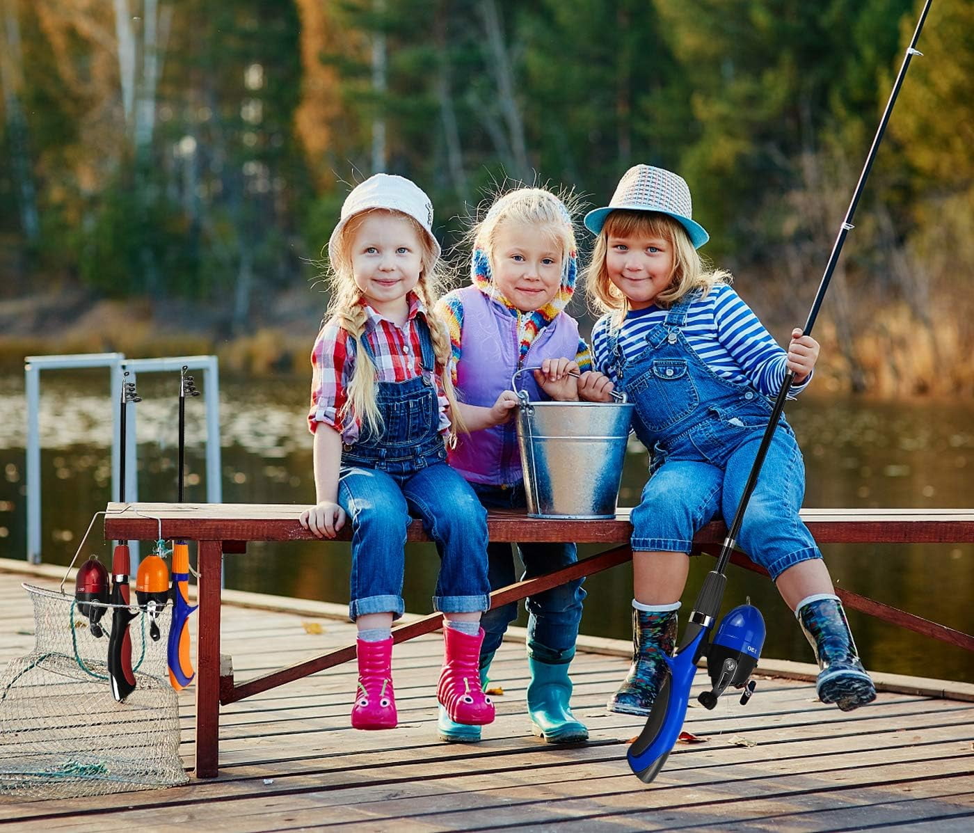 SNYNUXX Kids Fishing Pole Set Portable Telescopic Kids Fishing Rod and Reel Combo Kit with Tackle Box for Beginners, Blue