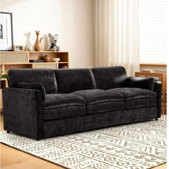 AECOJOY 89" Comfy Sofa Couch, Large 3-Seat Modern Chenille Sofa with Removable Pillows, Oversized Cloud-Like Couch for Living Room & Bedroom, Black