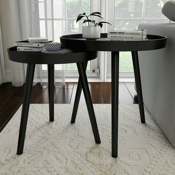 Nesting End Tables Circular Contemporary Decor by Lavish Home, Set of 2 (Black)