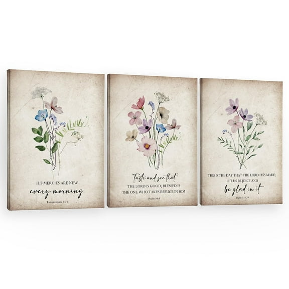 Vintage Christian Wildflower Spring Wall Art Decor Canvas Set of 3, Bible Verse Scripture Pictures Wall Decor for Church Prayer Living Room Home, Rustic Floral Framed Artwork for Walls