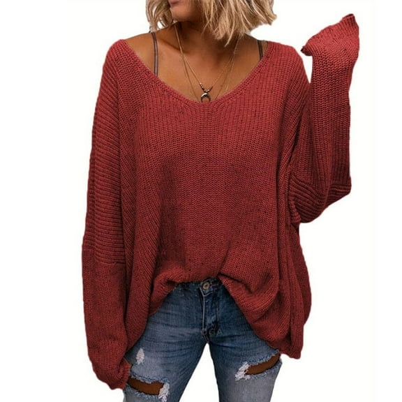 Long Sleeved Fall Winter Women V-neck Loose Sweater Oversize Knit Pullover