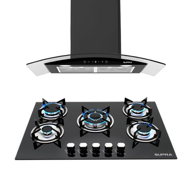 Combo SUPRA ROSMARINO Parrilla Empotrable 5 Quemadores 76 cm Y Campana Extractora 76 cm Cristal Curvo con Sensor
