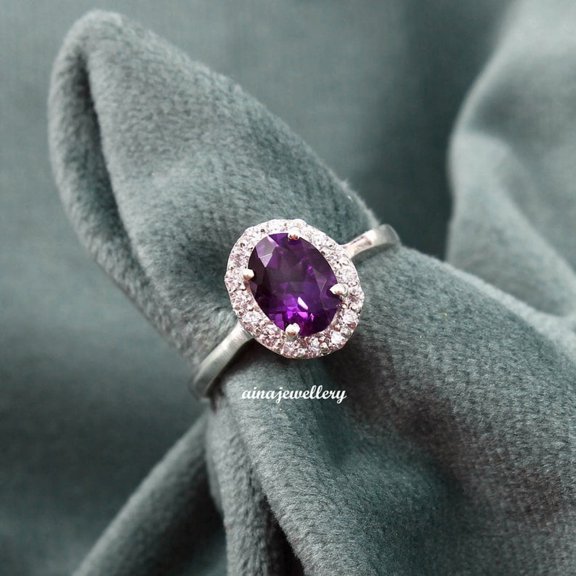 natural amethyst ring purple gemstone promise ring cushion cut February birthstone ring silver ring