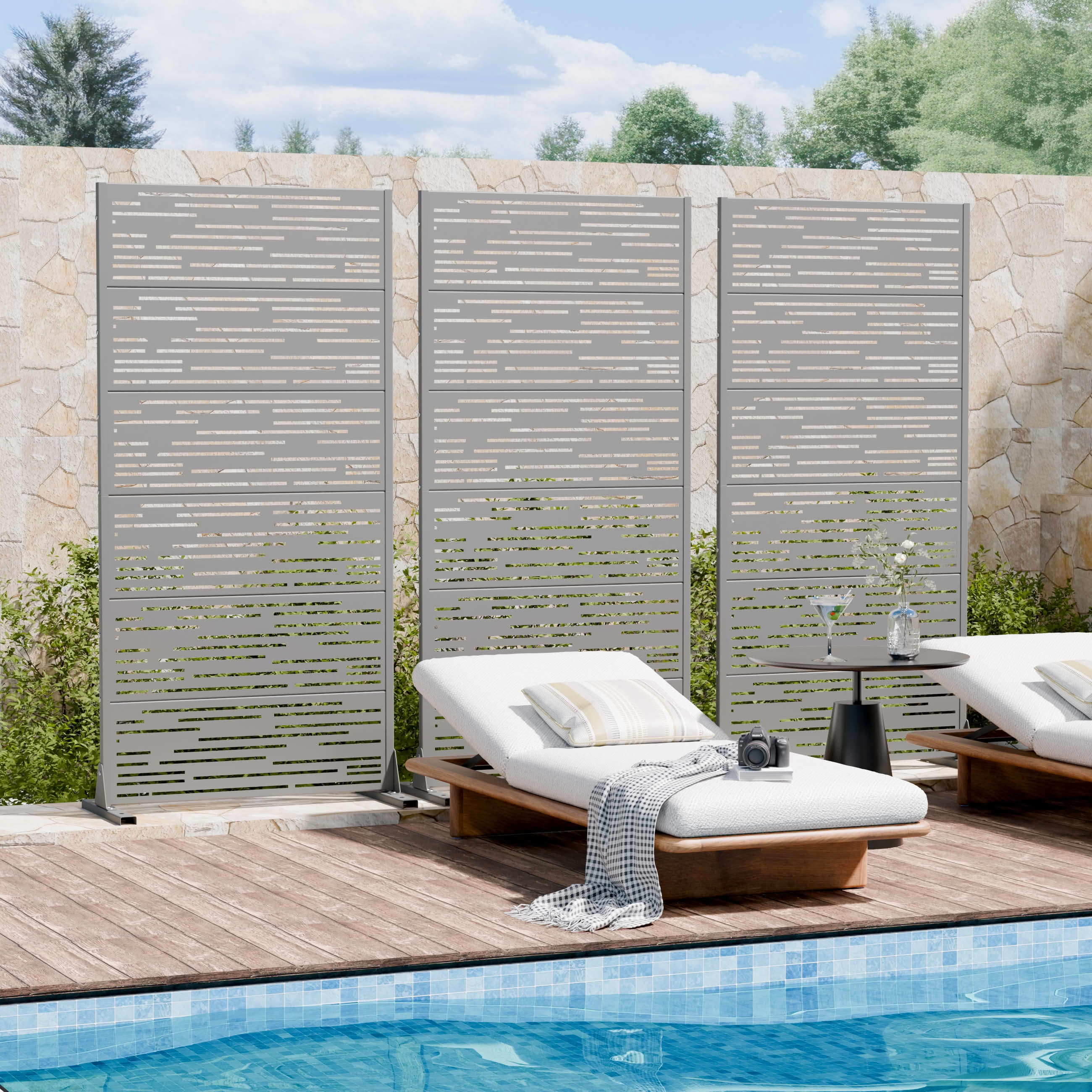 MAYEERTY 2-Piece Outdoor Metal Privacy Screen 6ft × 3ft Gray, 6-Panel Light & Shadow Pattern, Rust-Resistant for Garden