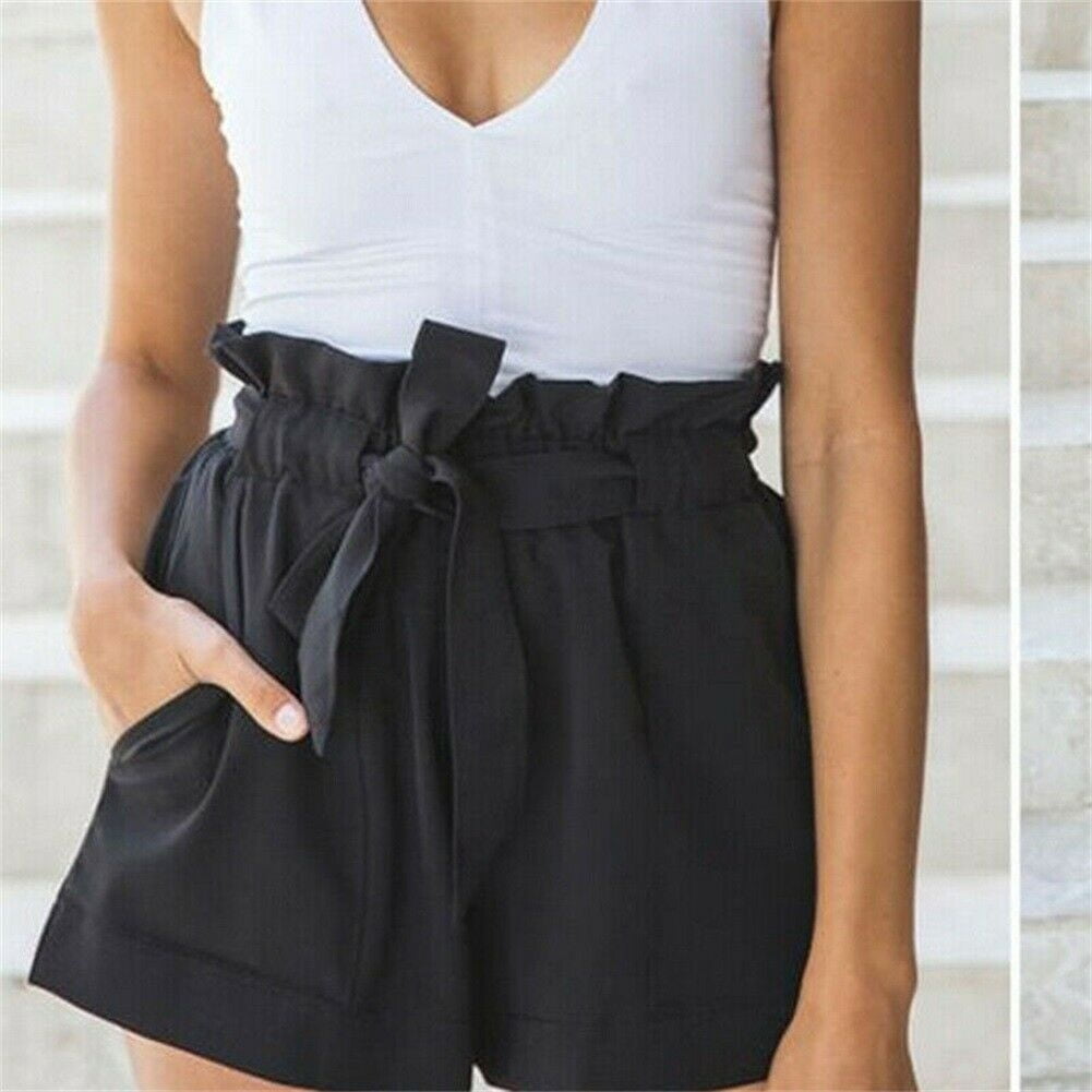 Women Ladies High Waist Paper Bag Tie 