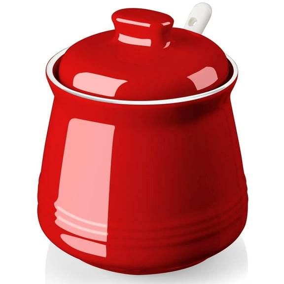 Sugar Bowl with Lid and Spoon, 12 oz Ceramic Sugar Bowl with Spoon, Sugar Container for Coffee Bar, Sugar Jar Sugar Dispenser Bowl, Red Kitchen Decor and Accessories