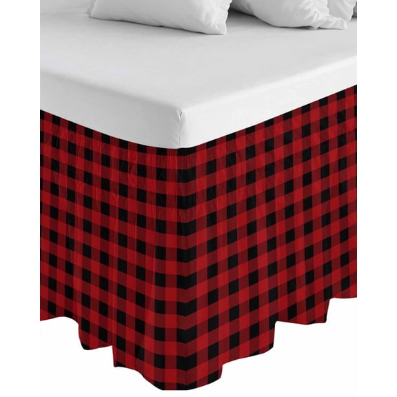 Rustic Checkered Wrap Around Bed Skirts for King Bed 16" Drop, Bed Skirt with Adjustable Elastic Belt Dust Ruffle Bed Valance for Bedroom Hotel Luxury Black Red Buffalo Plaid Bed Frame Cover