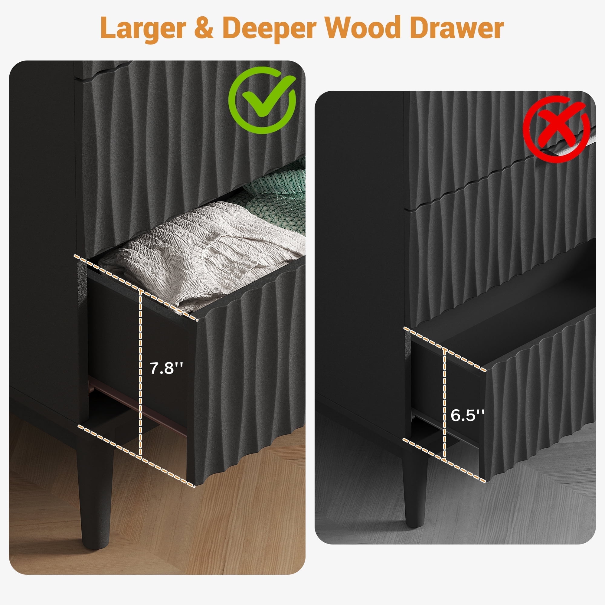 47"H Fluted 5 Drawer Dresser for Bedroom, Modern Chest of Drawers with Metal Handle, Wooden Storage Organizer for Living Room, Hallway, Black