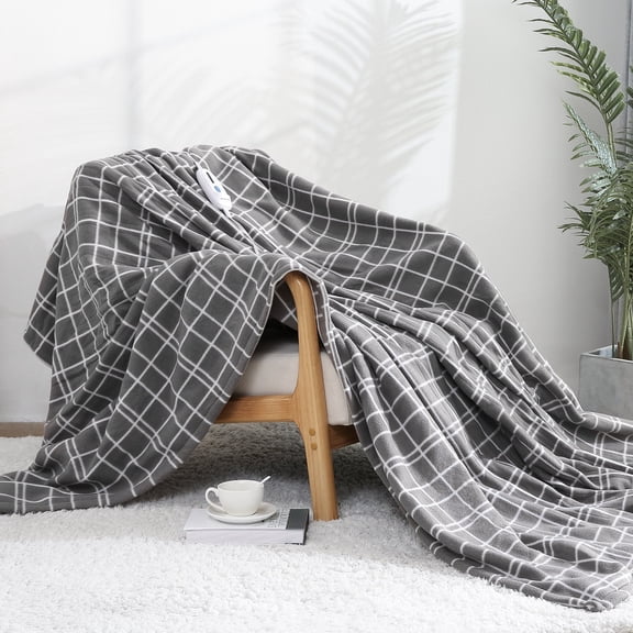 Maxkare Electric Blanket 72" x 84" Full Size Heated Throw Blanket with Adjustable Timer 4 Heating Levels, Auto-off Feature Machine-Washable(Grey&White)