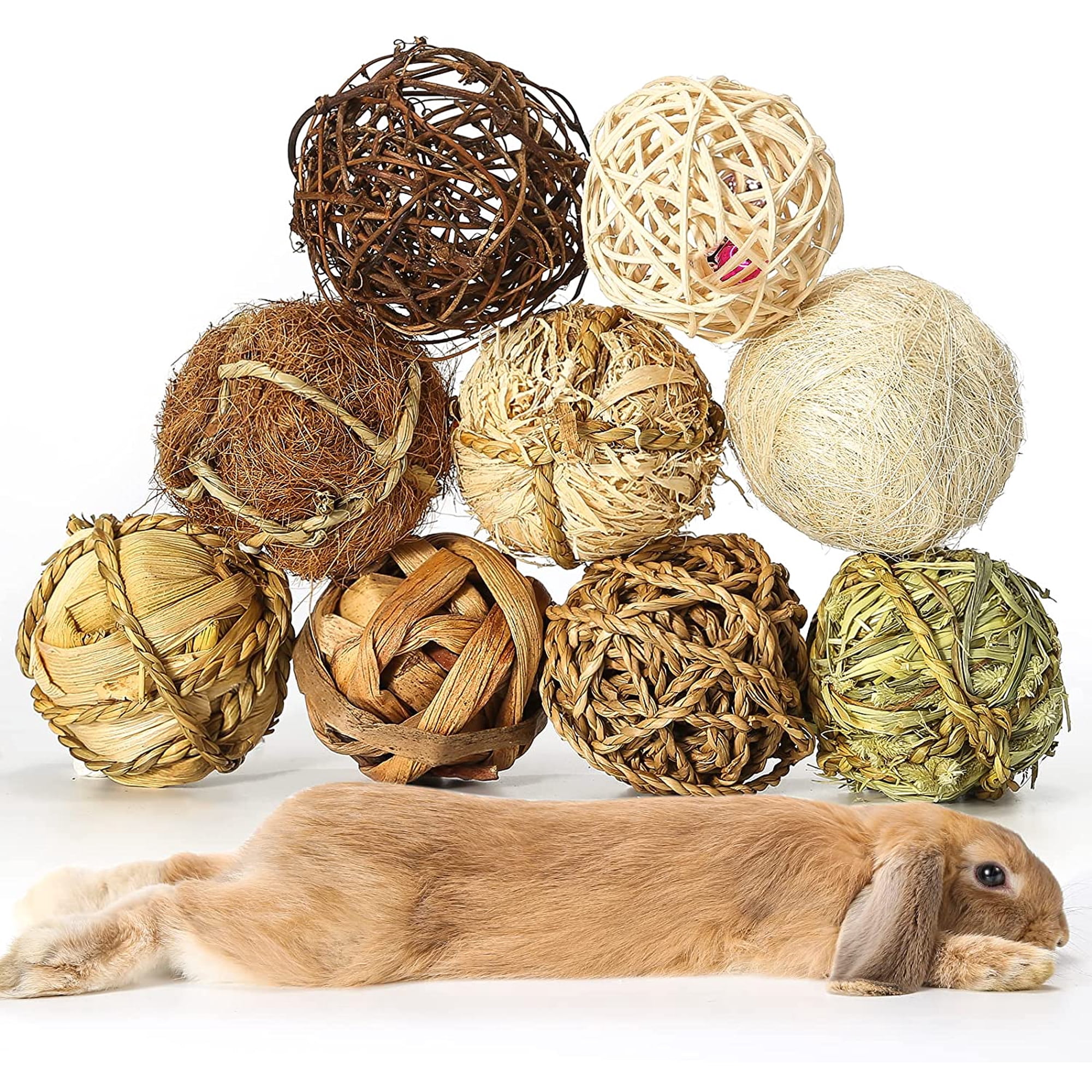 Small Animals Play Balls, Chew Grass Balls & Rolling Chew Toys for Bunny, Improve Pets Dental Health for Rabbit, Chinchilla, Guinea Pigs, Hamsters, Gerbils, Rats, Mice （9 Pieces）