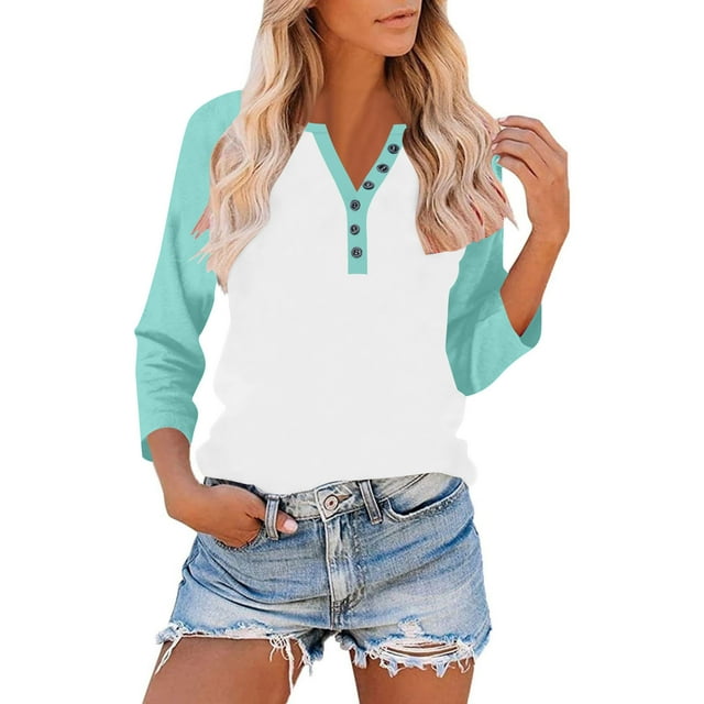 Wensltd Womens Loose Top Button 3/4 Sleeve Raglan T-shirt